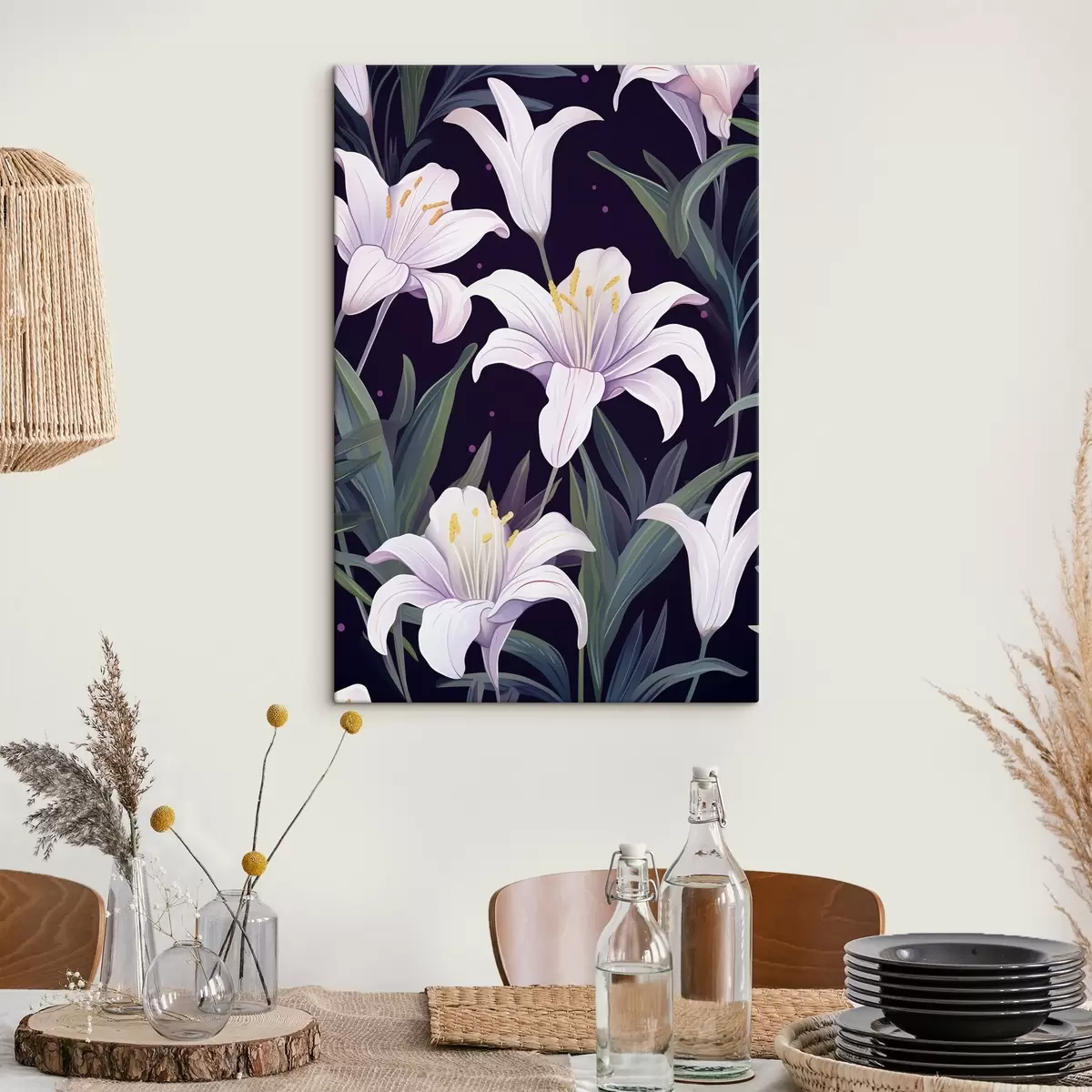 Wandbilder Zarte Lilien auf dunklem Hintergrund mit grünen Blättern s45697