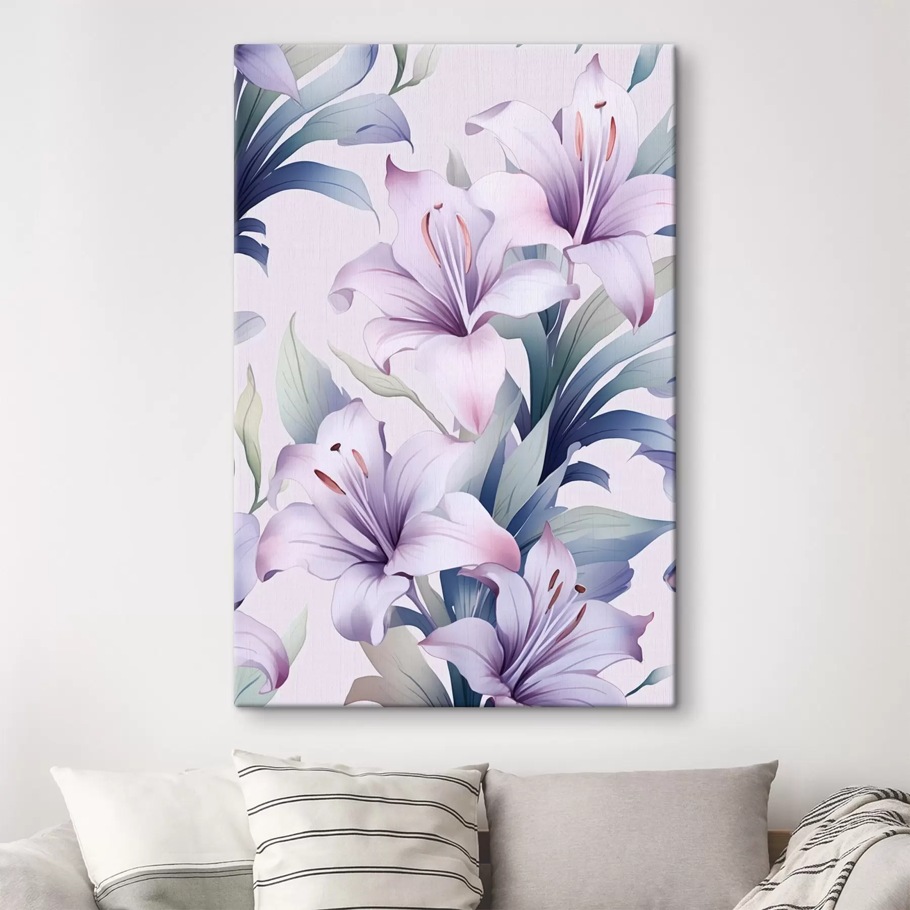 Wandbilder Große rosa-violette Lilien mit grünen Blättern s45698