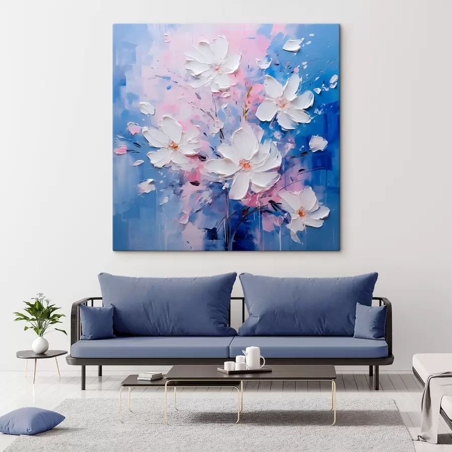 Wandbilder Volumetrische Blumen auf blauem Hintergrund im Impasto-Stil s45648