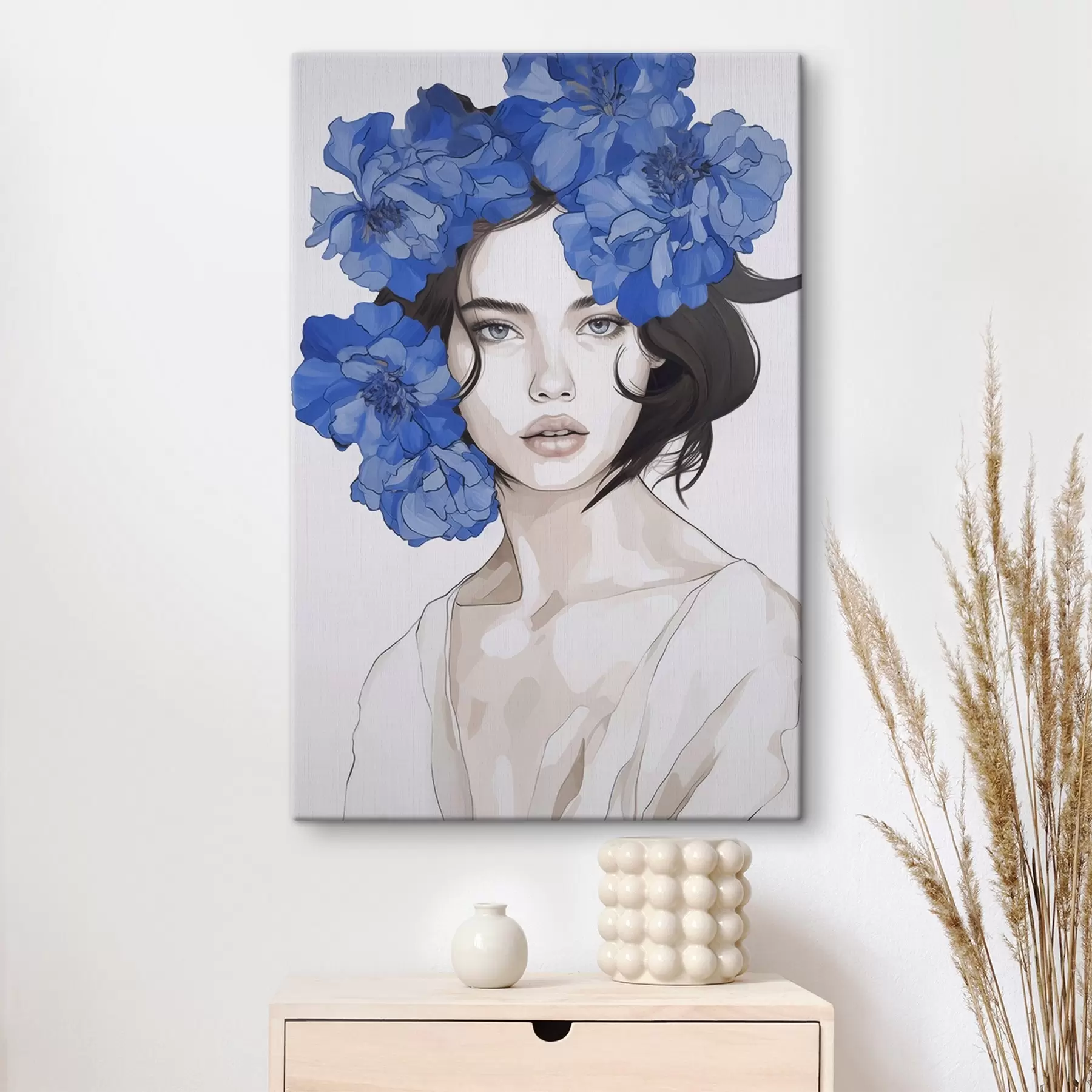 Wandbilder Porträt eines Mädchens mit blauen Blumen s45756