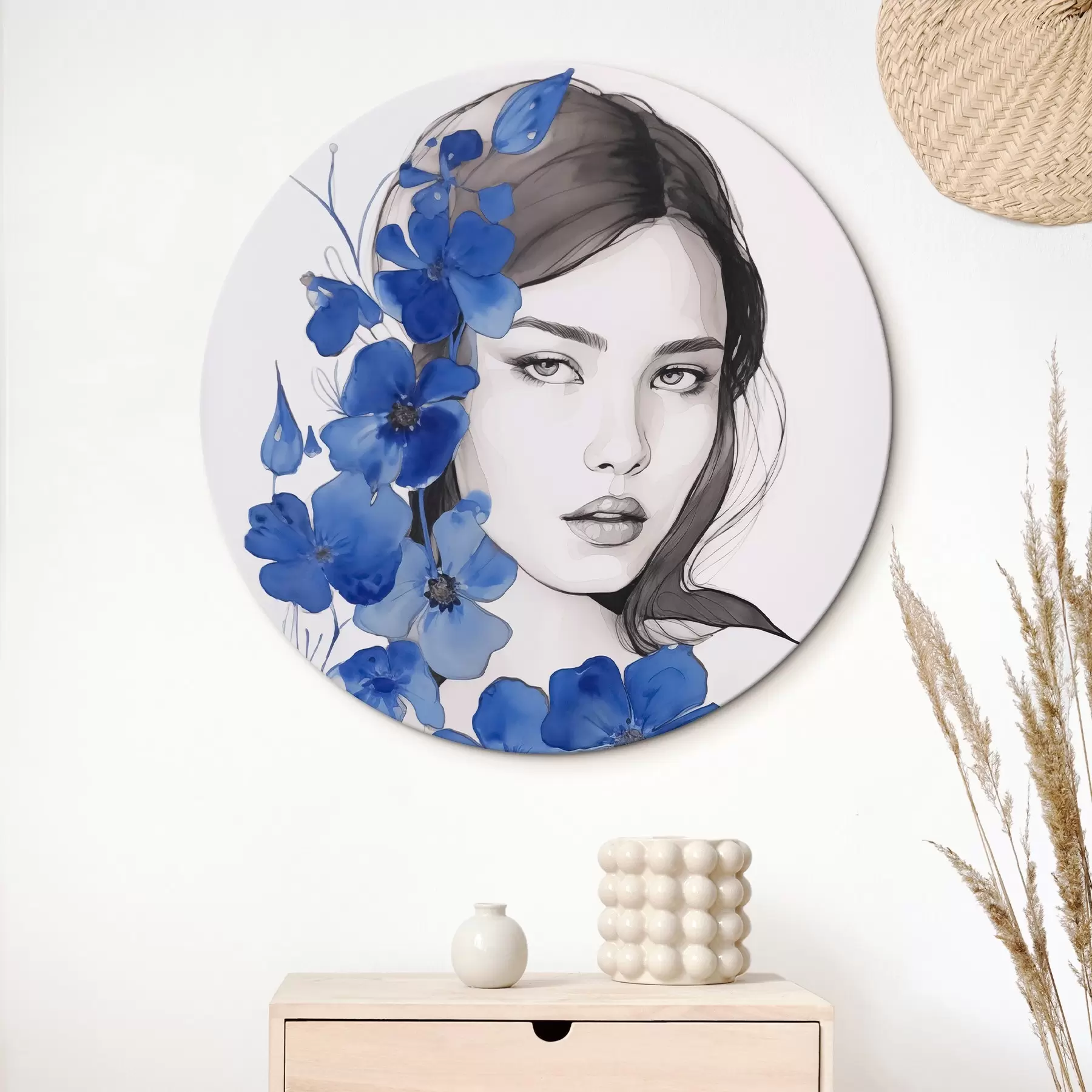 Wandbilder Mädchen und blaue Blumen r45757