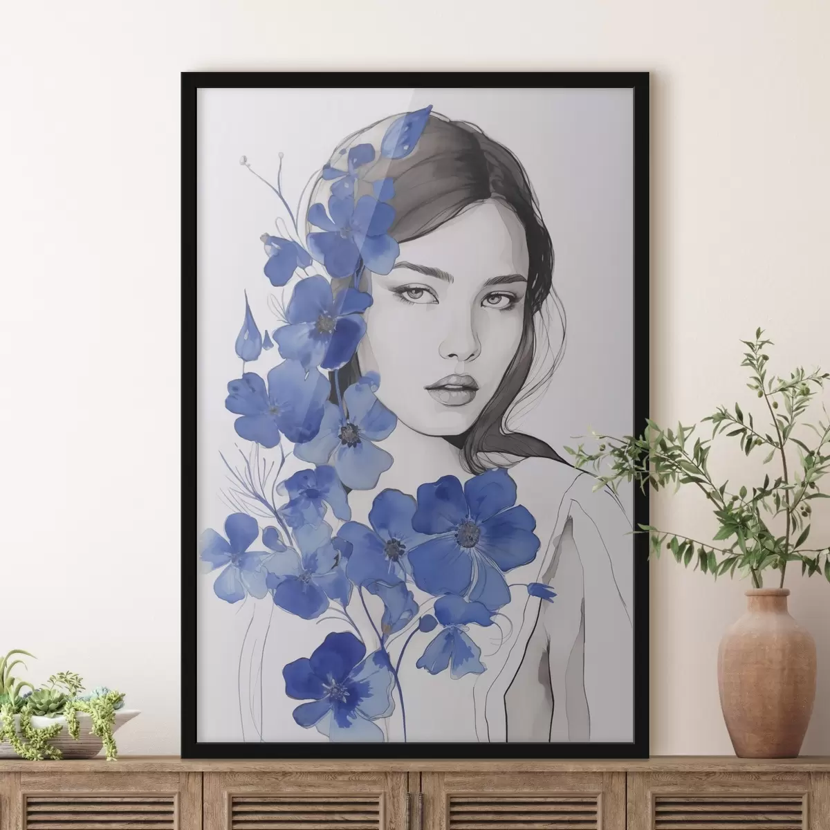 Poster Mädchen und blaue Blumen f45757