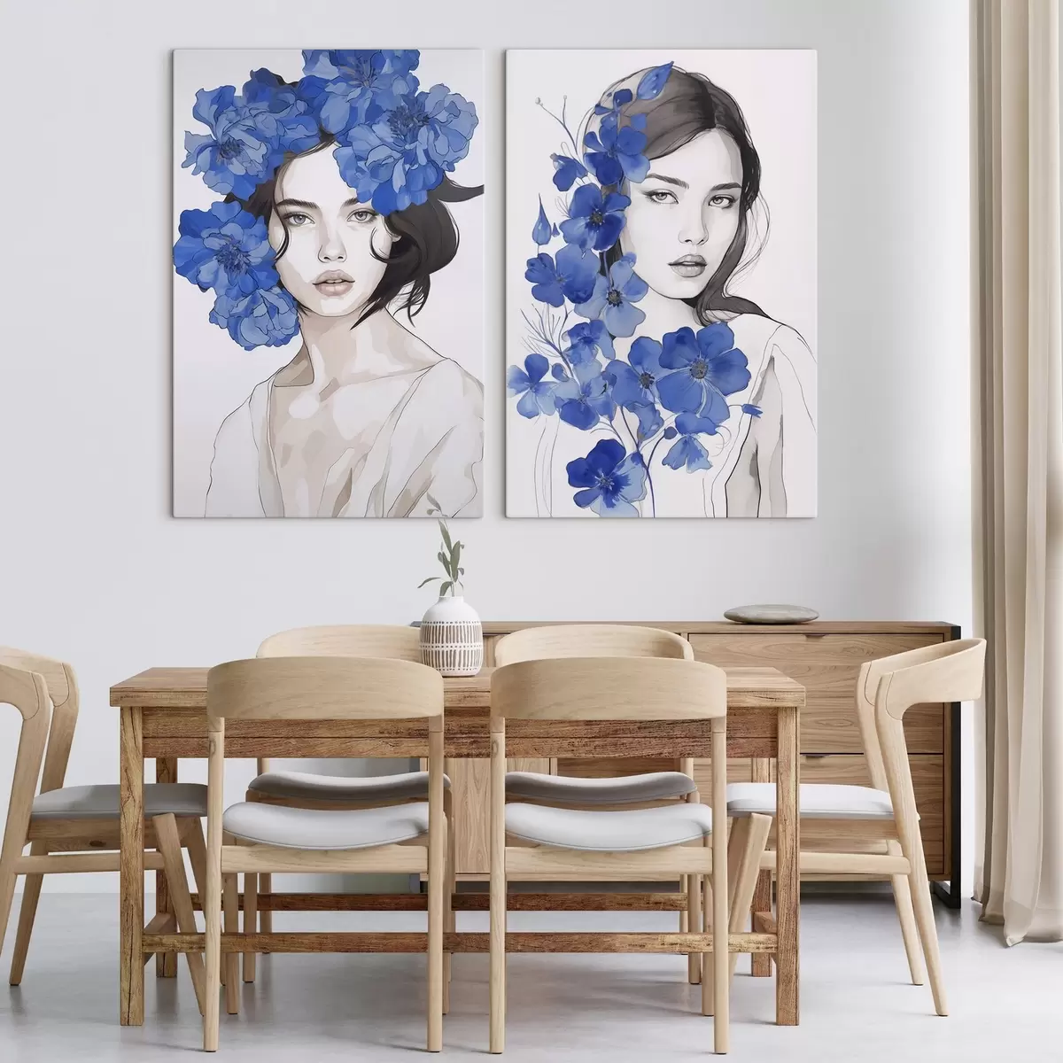 Wandbilder Porträt eines Mädchens mit blauen Blumen m00721