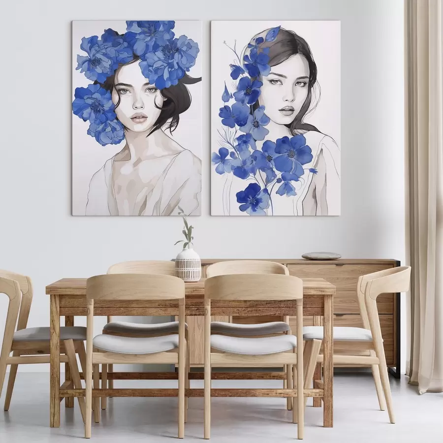 Wandbilder Porträt eines Mädchens mit blauen Blumen m00721