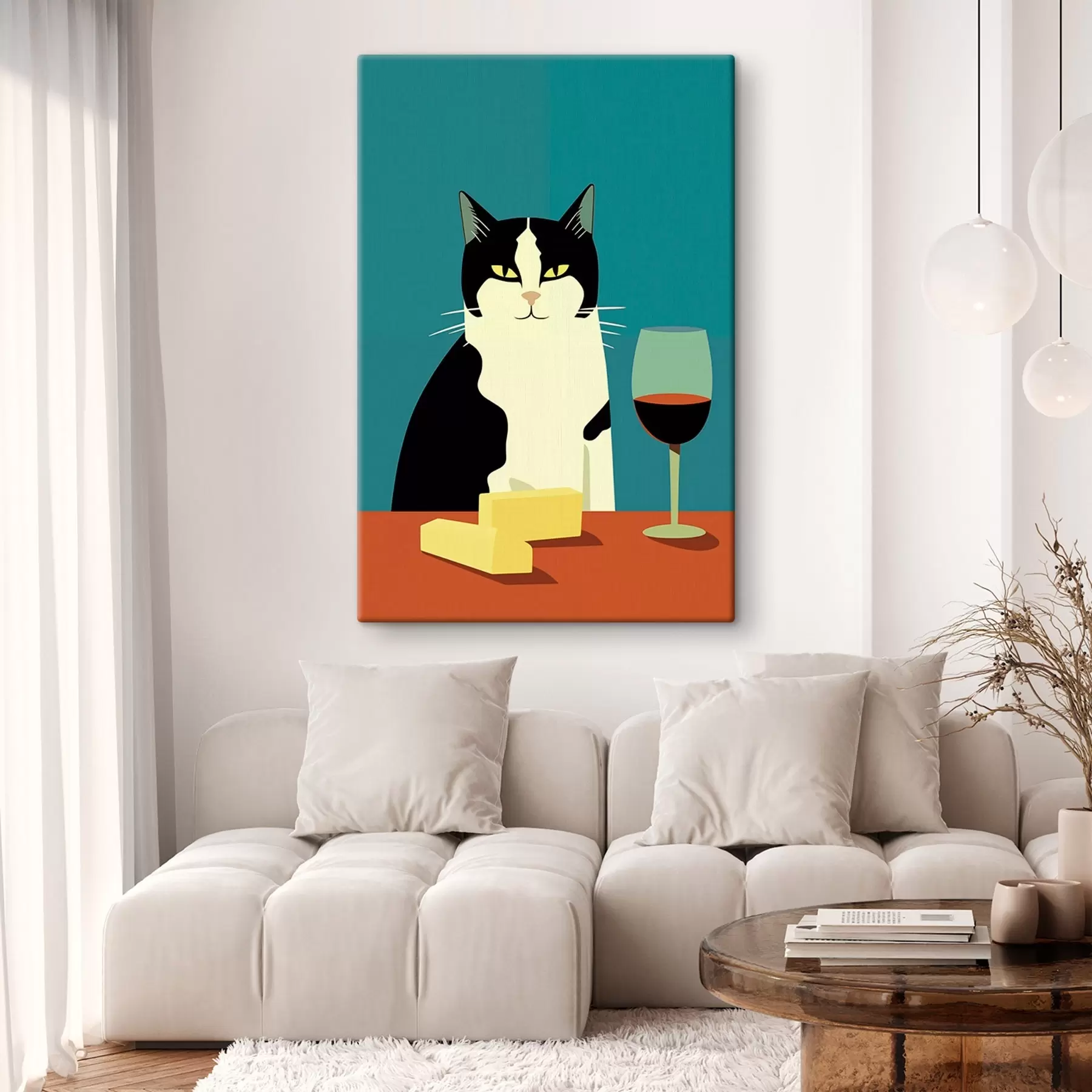 Wandbilder Katze mit Wein und Käse s45801