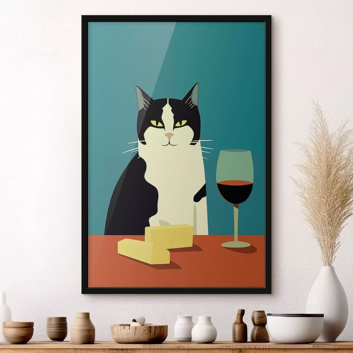 Poster Katze mit Wein und Käse f45801