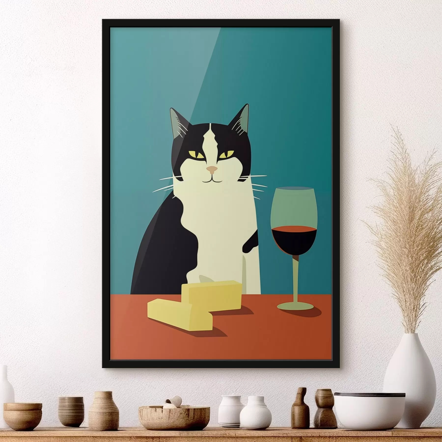 Fototapete Katze mit Wein und Käse f45801