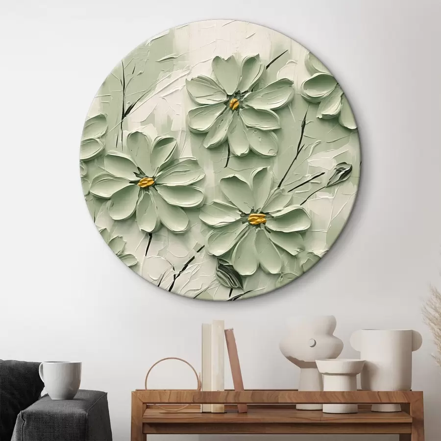 Wandbilder Grüne Blumen mit gelben Zentren gemalt in dicken Pinselstrichen auf einem hellen Hintergrund r45265