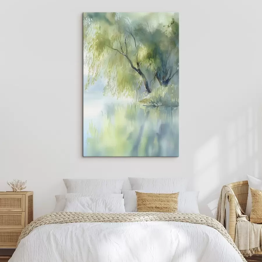 Wandbilder weidenbaum am Seeufer im Aquarellstil s45715