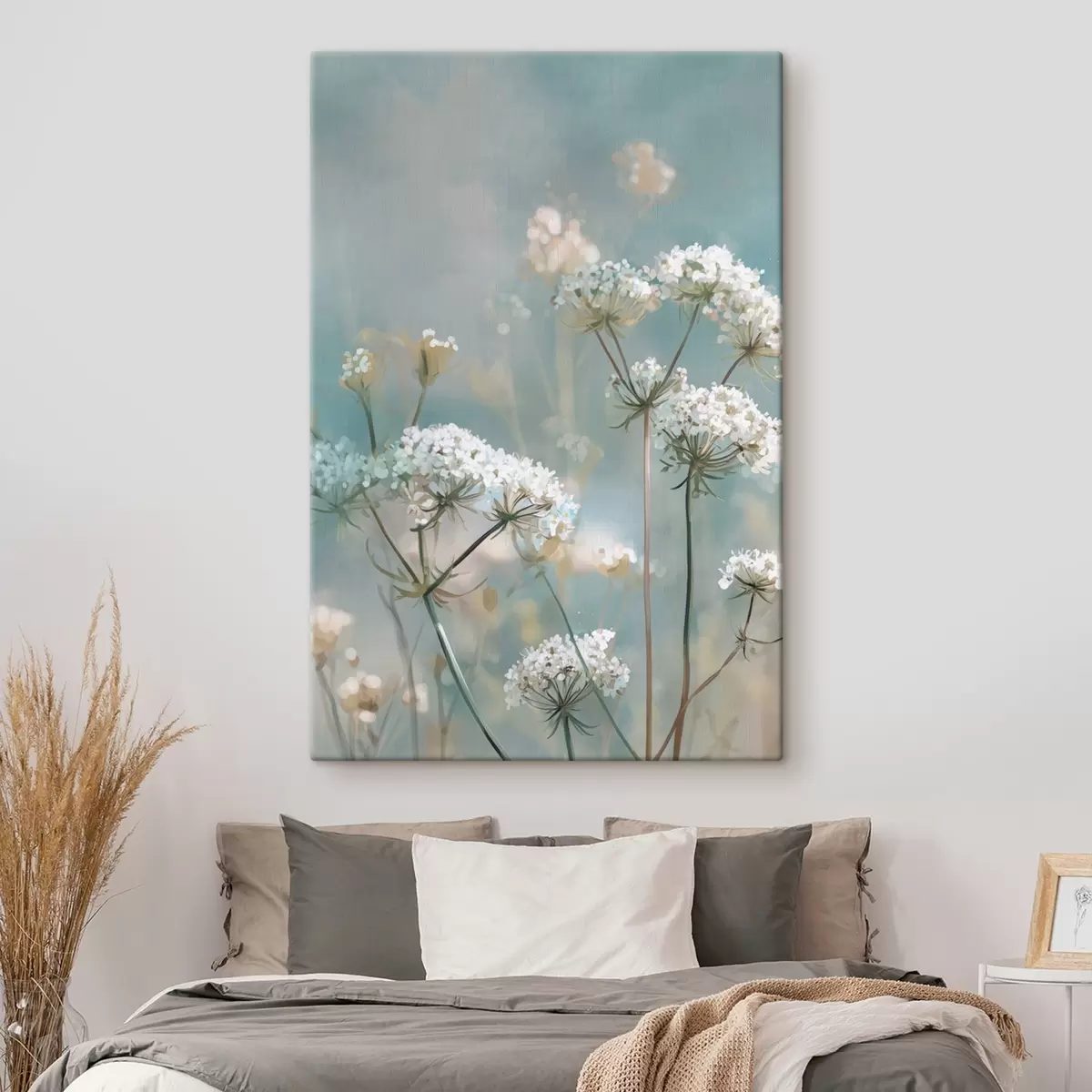Wandbilder Königin-Annes-Spitze-Blumen im Aquarellstil auf blauem Hintergrund s45721