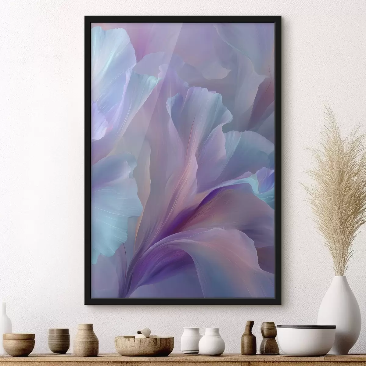 Poster eine zarte Fantasieblume mit Blütenblättern in Violett-, Blau- und Rosatönen. f45711