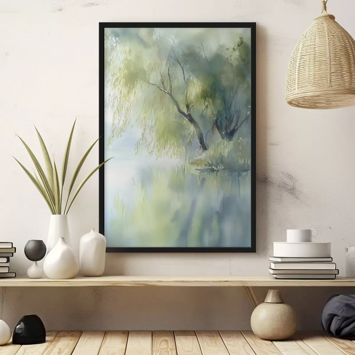 Poster weidenbaum am Seeufer im Aquarellstil f45715