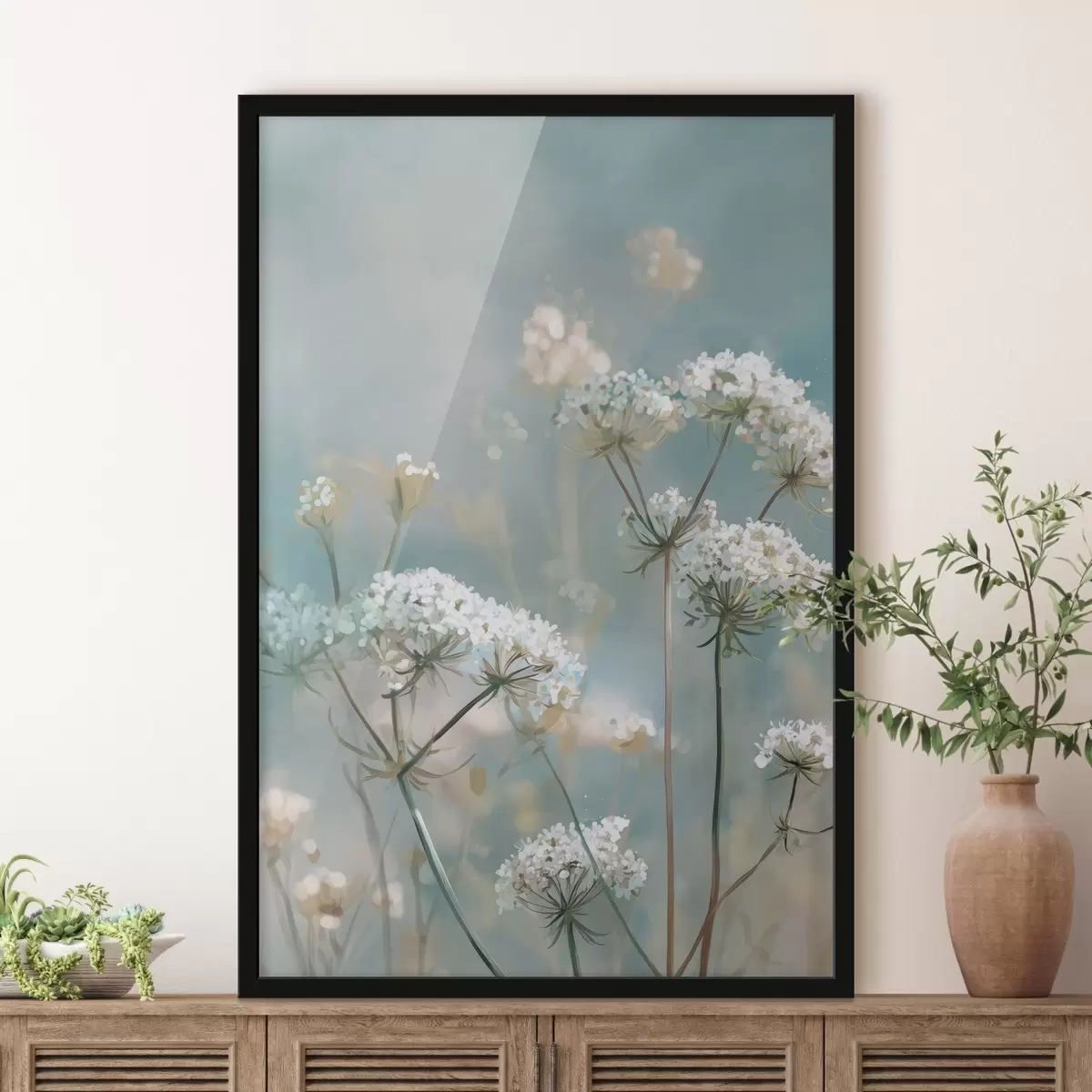 Poster Königin-Annes-Spitze-Blumen im Aquarellstil auf blauem Hintergrund f45721