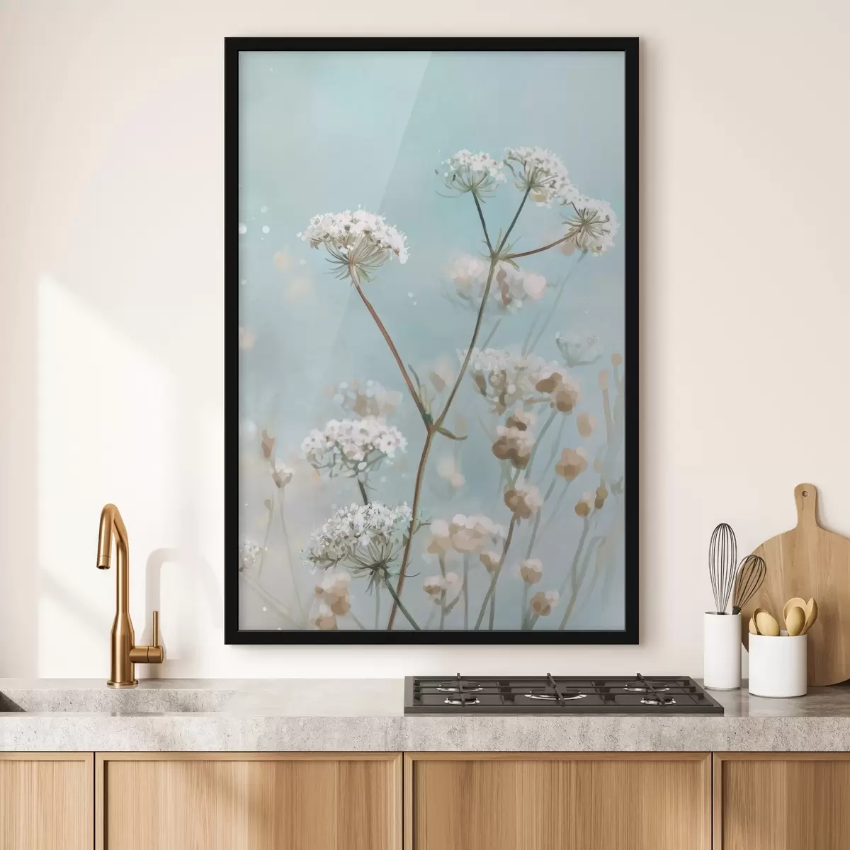 Poster Königin-Annes-Spitze-Blumen im Aquarellstil auf blauem Hintergrund f45722