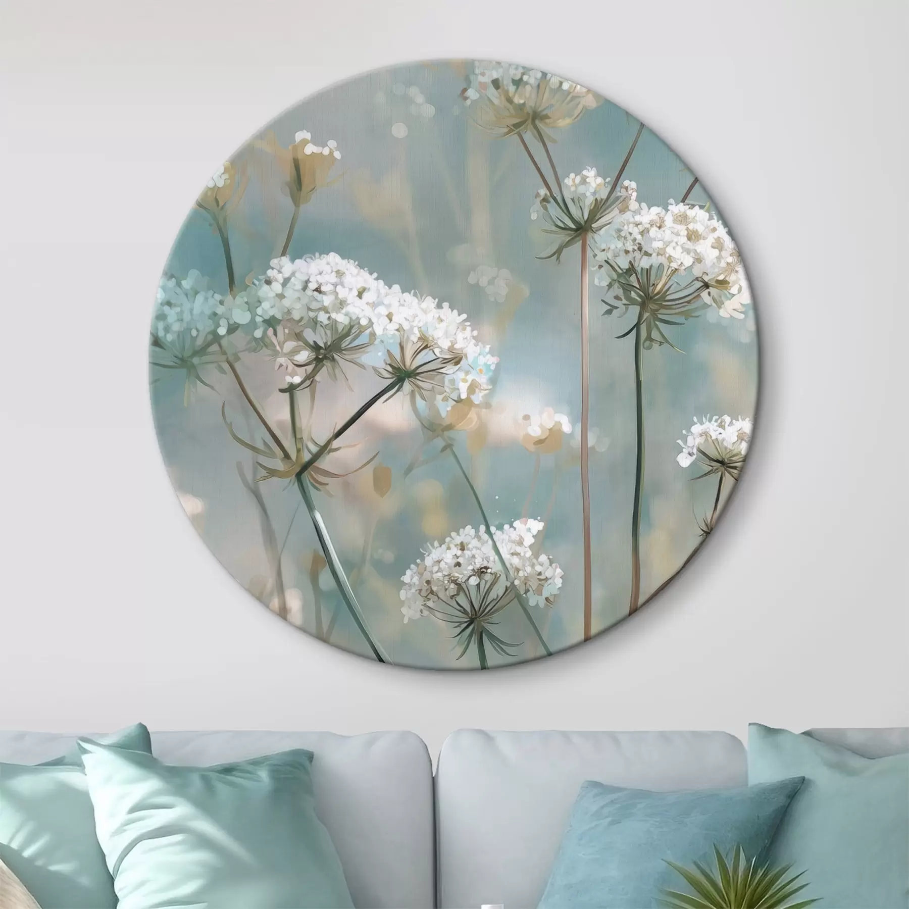 Wandbilder Königin-Annes-Spitze-Blumen im Aquarellstil auf blauem Hintergrund r45721