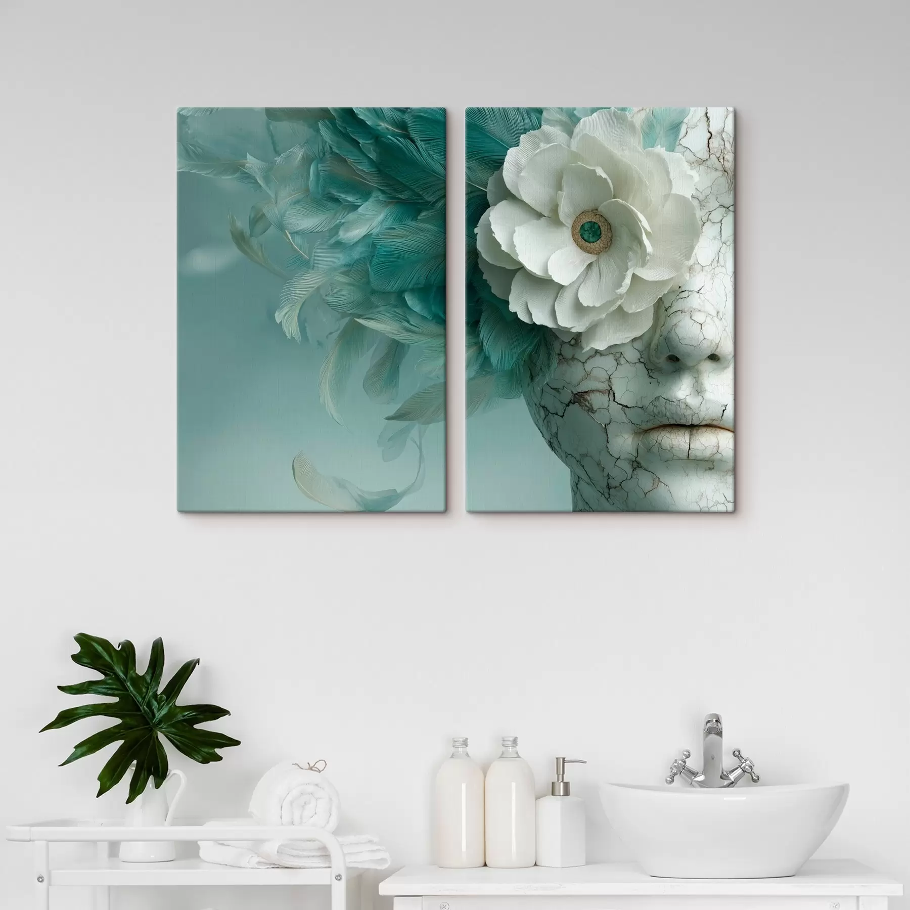 Wandbilder marmorgesicht eines Mädchens mit einer Blume und Federn m00699