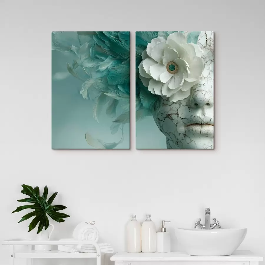 Wandbilder marmorgesicht eines Mädchens mit einer Blume und Federn m00699