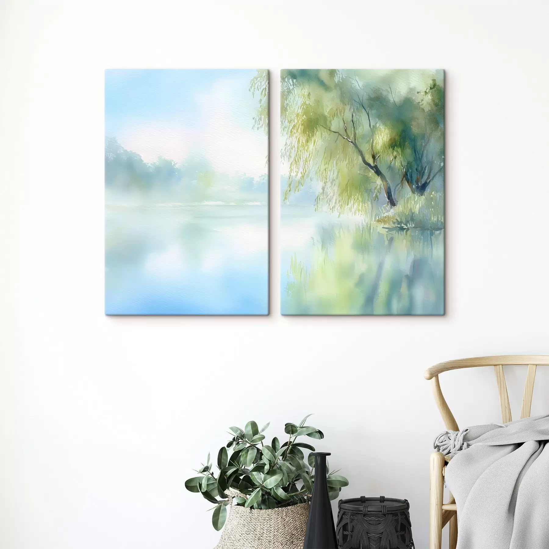 Wandbilder weidenbaum am Seeufer im Aquarellstil m00702