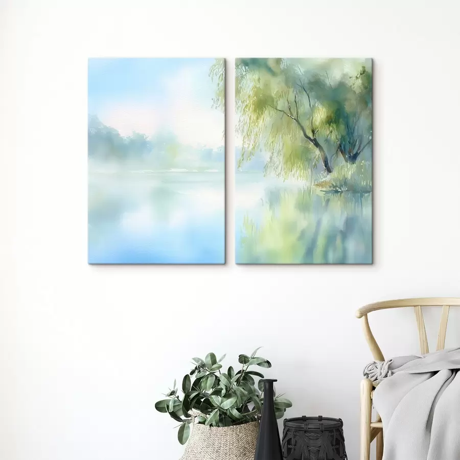 Wandbilder weidenbaum am Seeufer im Aquarellstil m00702