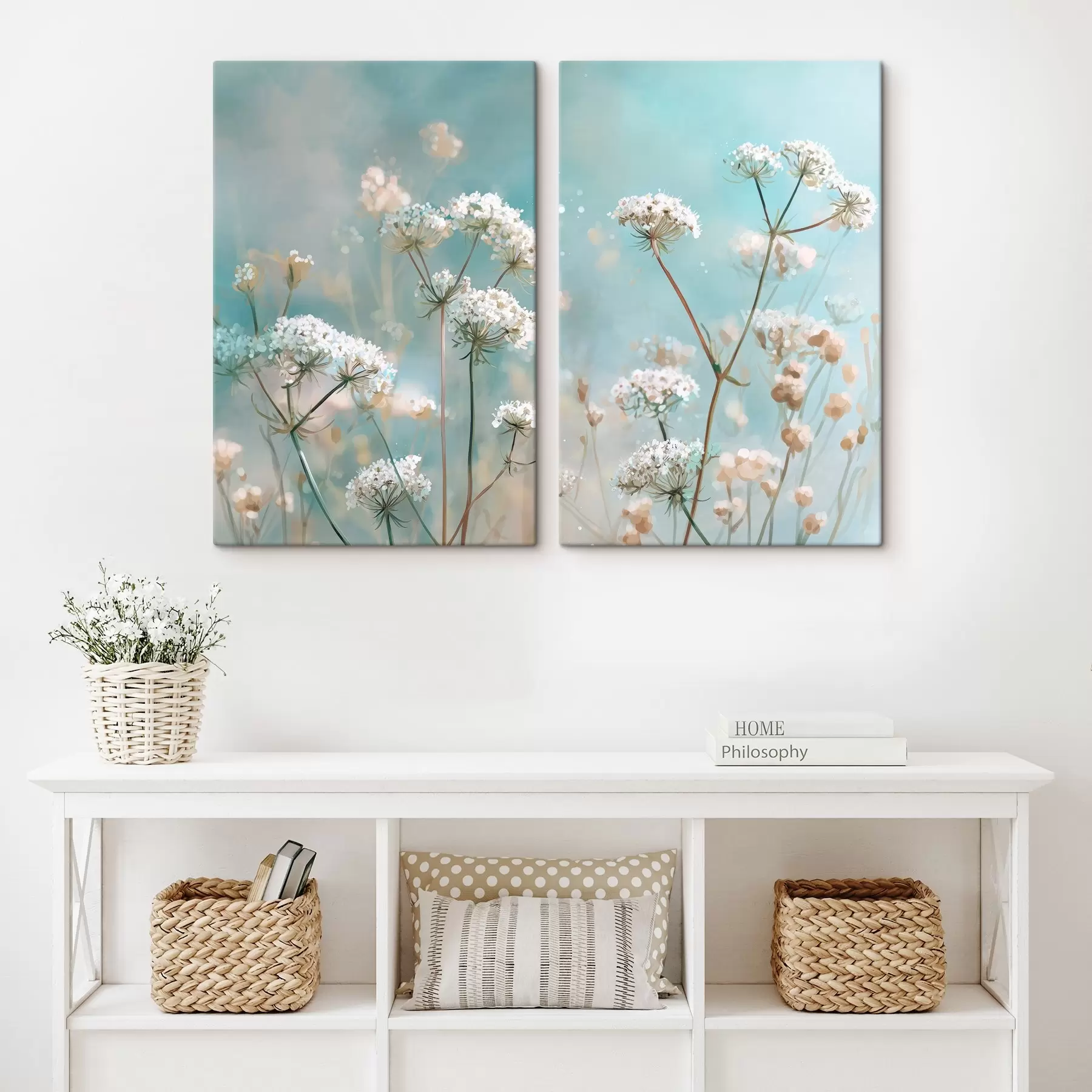 Wandbilder Königin-Annes-Spitze-Blumen im Aquarellstil auf blauem Hintergrund m00705