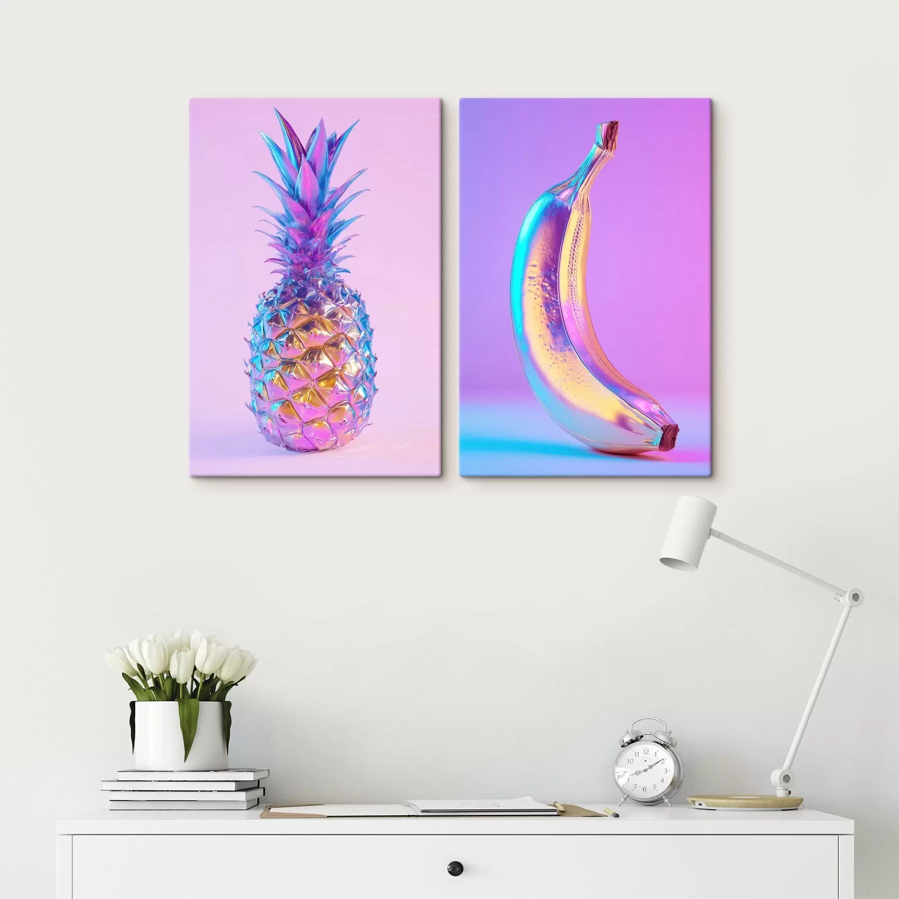 Wandbilder leuchtend glänzende Ananas und Banane im Pop-Art-Stil m00737