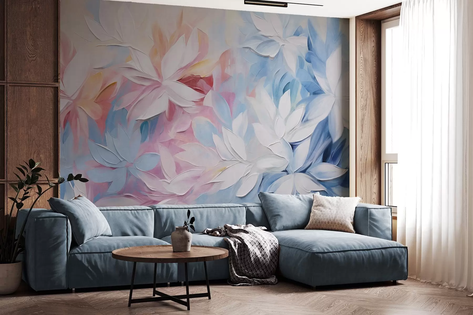 Fototapete Weiße strukturierte Blumen mit rosa und blauen Blättern, Ölgemälde im abstrakten Stil, weiche Pinselstriche, Pastellfarben w09396