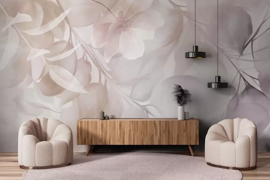 Fototapete Blumenkunst mit gedeckten beige- und braunen Blumen, Blättern und Zweigen, sanften Pastellfarben und Aquarell-Struktureffekt w09397