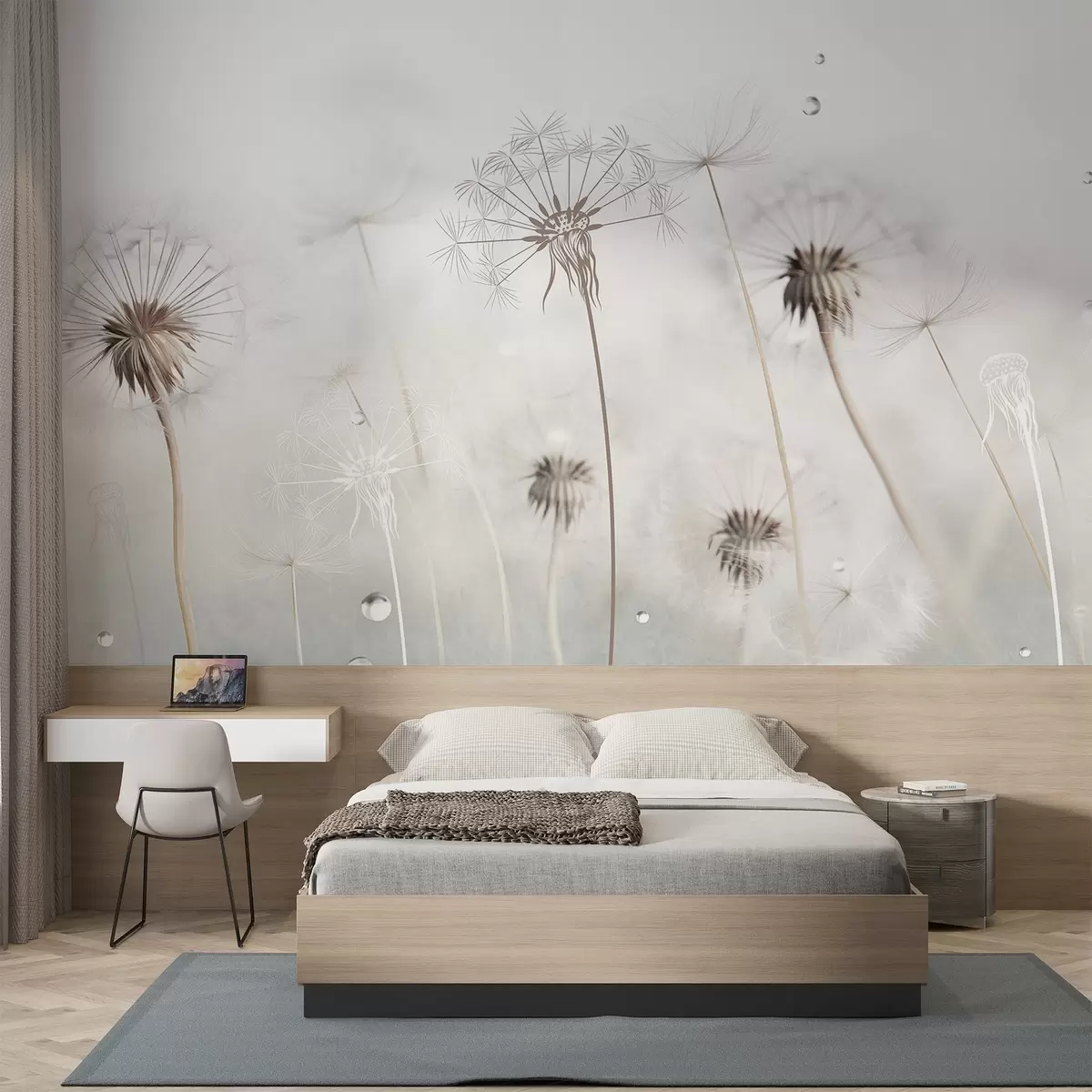 Fototapete Löwenzahn mit Wassertropfen, weißer Hintergrund, Nahaufnahme, weiches Licht, Natur, botanisch, ätherisch, zart, minimalistisch w09399