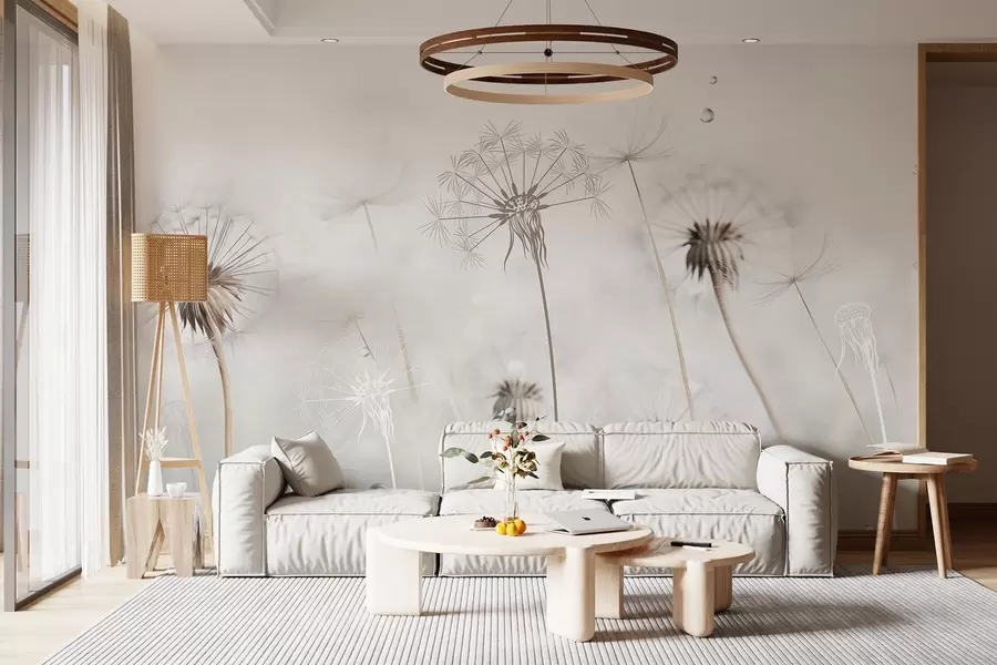 Fototapete Löwenzahn mit Wassertropfen, weißer Hintergrund, Nahaufnahme, weiches Licht, Natur, botanisch, ätherisch, zart, minimalistisch w09399