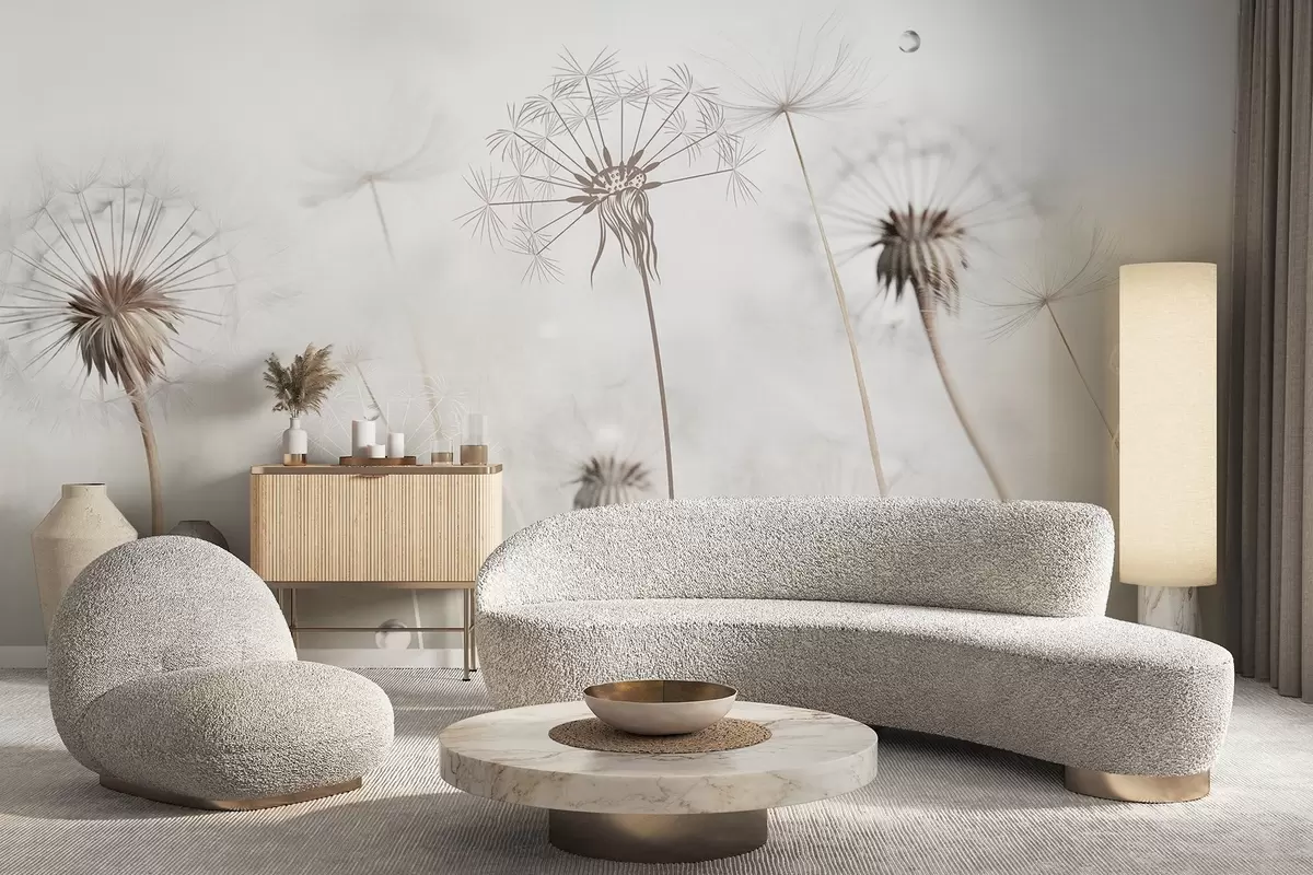 Fototapete Löwenzahn mit Wassertropfen, weißer Hintergrund, Nahaufnahme, weiches Licht, Natur, botanisch, ätherisch, zart, minimalistisch w09399