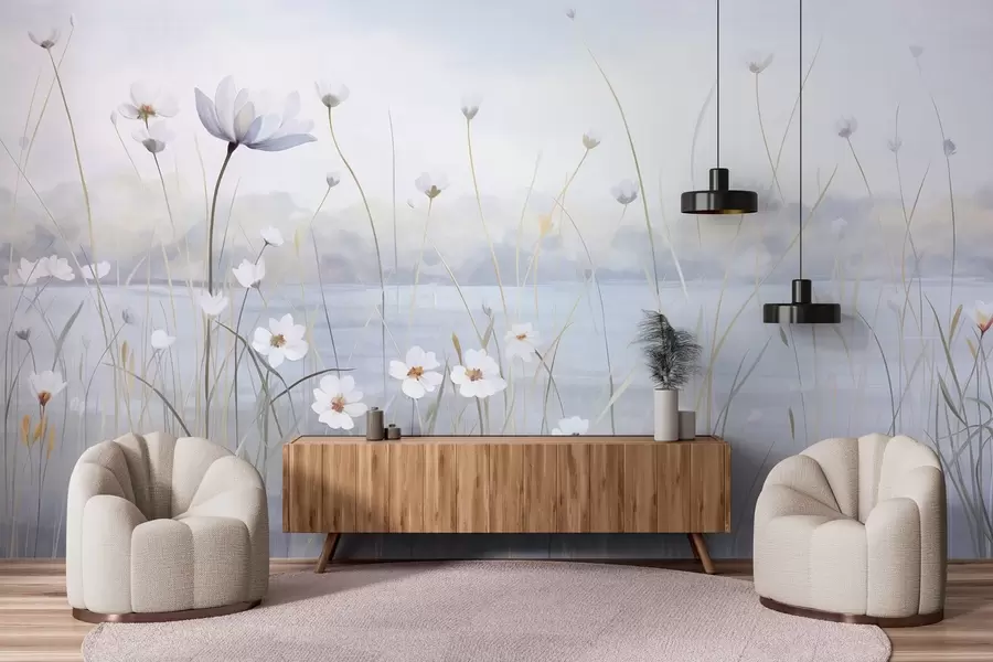 Fototapete Weiße Blumen mit langen Stielen auf einem Feld, hellblauer Himmel, sanfte Farben, strukturiert, minimalistischer Stil, von der Natur inspiriert, ruhiger Hintergrund w09401