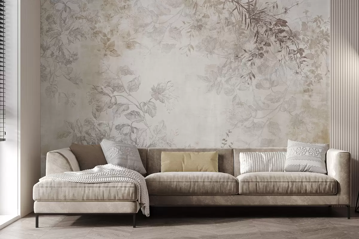 Fototapete Vintage-Blumenkunst mit strukturierter Oberfläche, zarten Gartenblumen und Blattillustrationen im Zeichenstil, sanften Pastelltönen in Beige und Sepia w09402