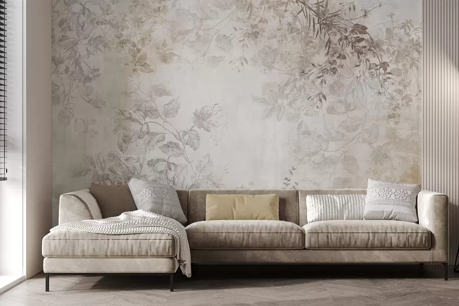 Fototapete Vintage-Blumenkunst mit strukturierter Oberfläche, zarten Gartenblumen und Blattillustrationen im Zeichenstil, sanften Pastelltönen in Beige und Sepia w09402