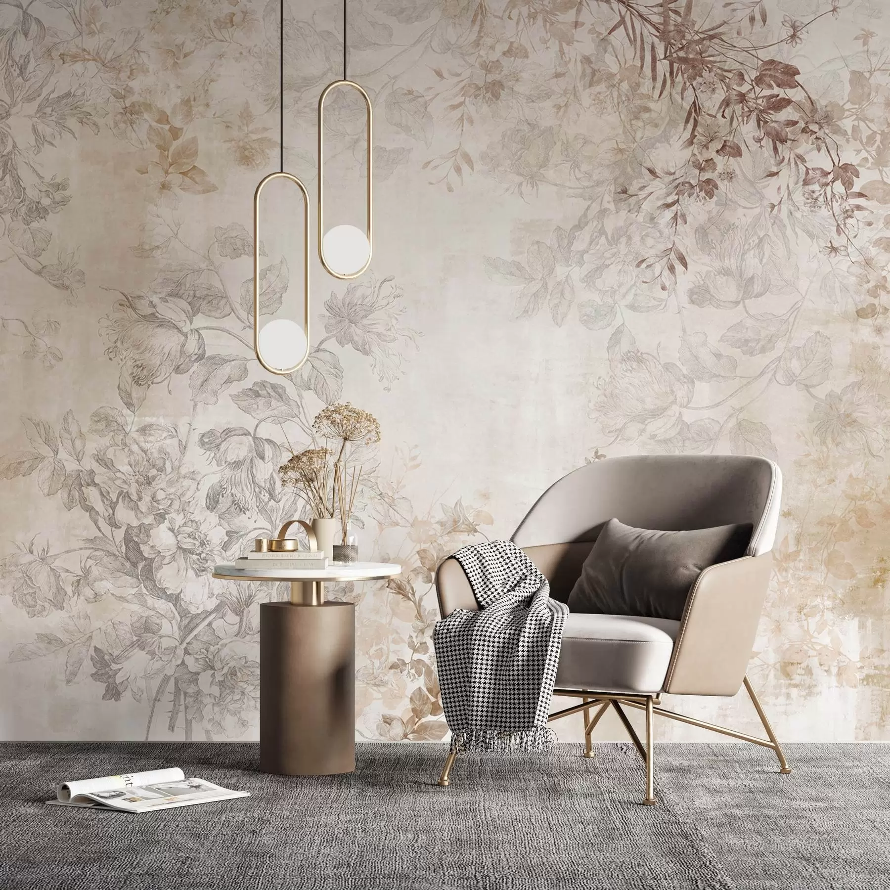 Fototapete Vintage-Blumenkunst mit strukturierter Oberfläche, zarten Gartenblumen und Blattillustrationen im Zeichenstil, sanften Pastelltönen in Beige und Sepia w09402