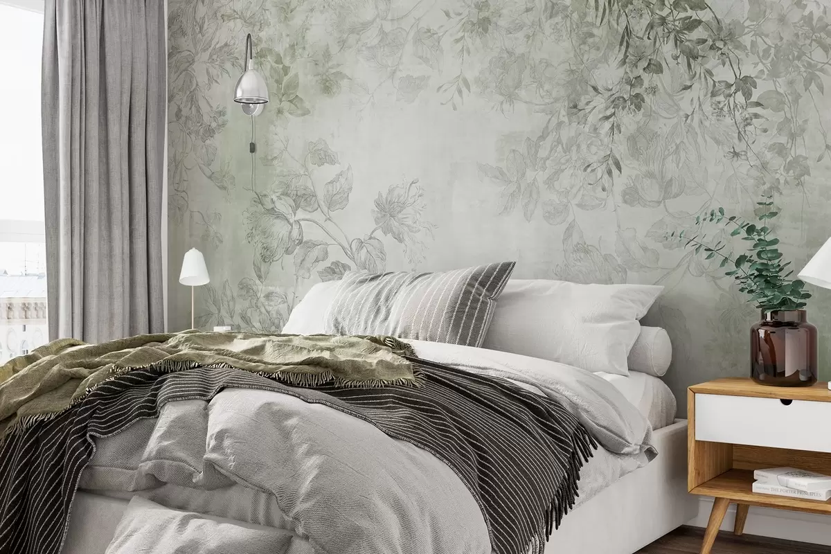 Fototapete Vintage-Blumenkunst mit strukturierter Textur, Illustrationen von zarten Gartenblumen und Blättern im Zeichenstil, sanfte Grüntöne w09402v2