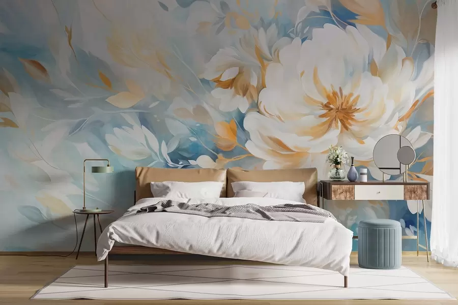 Fototapete Strukturierte weiße Blume mit blauen und gelben Details und Blättern auf einem blau-weißen abstrakten Hintergrund, Malstil w09403