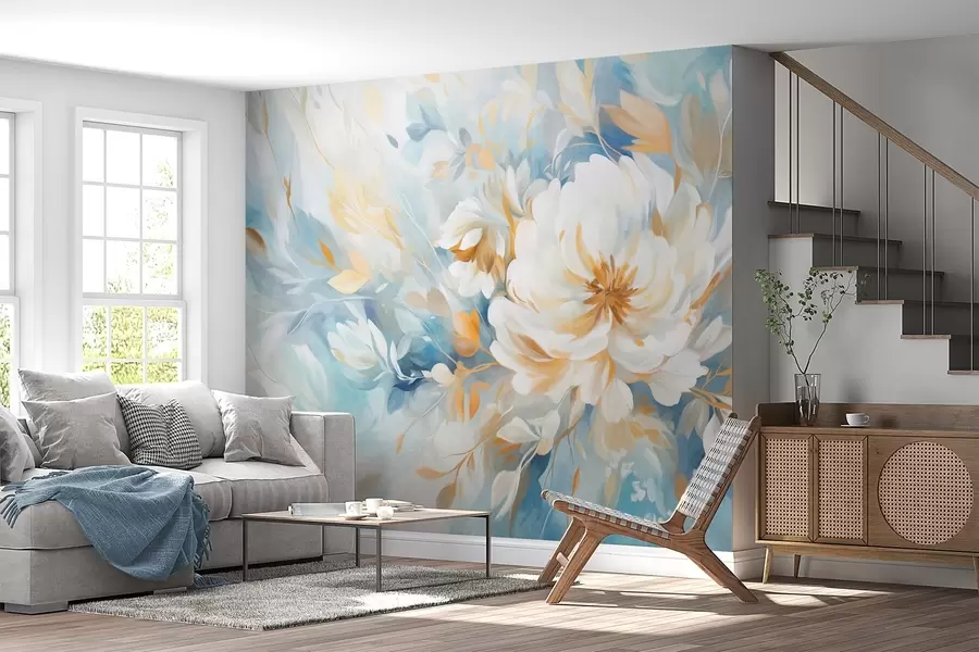 Fototapete Strukturierte weiße Blume mit blauen und gelben Details und Blättern auf einem blau-weißen abstrakten Hintergrund, Malstil w09403