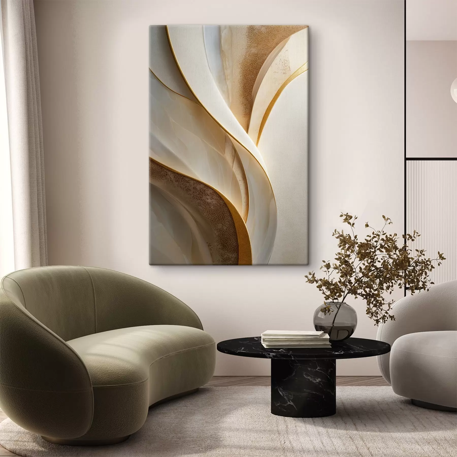 Fototapete Abstrakte Kurven mit gelb-orangefarbenen und beigen Akzenten s45807