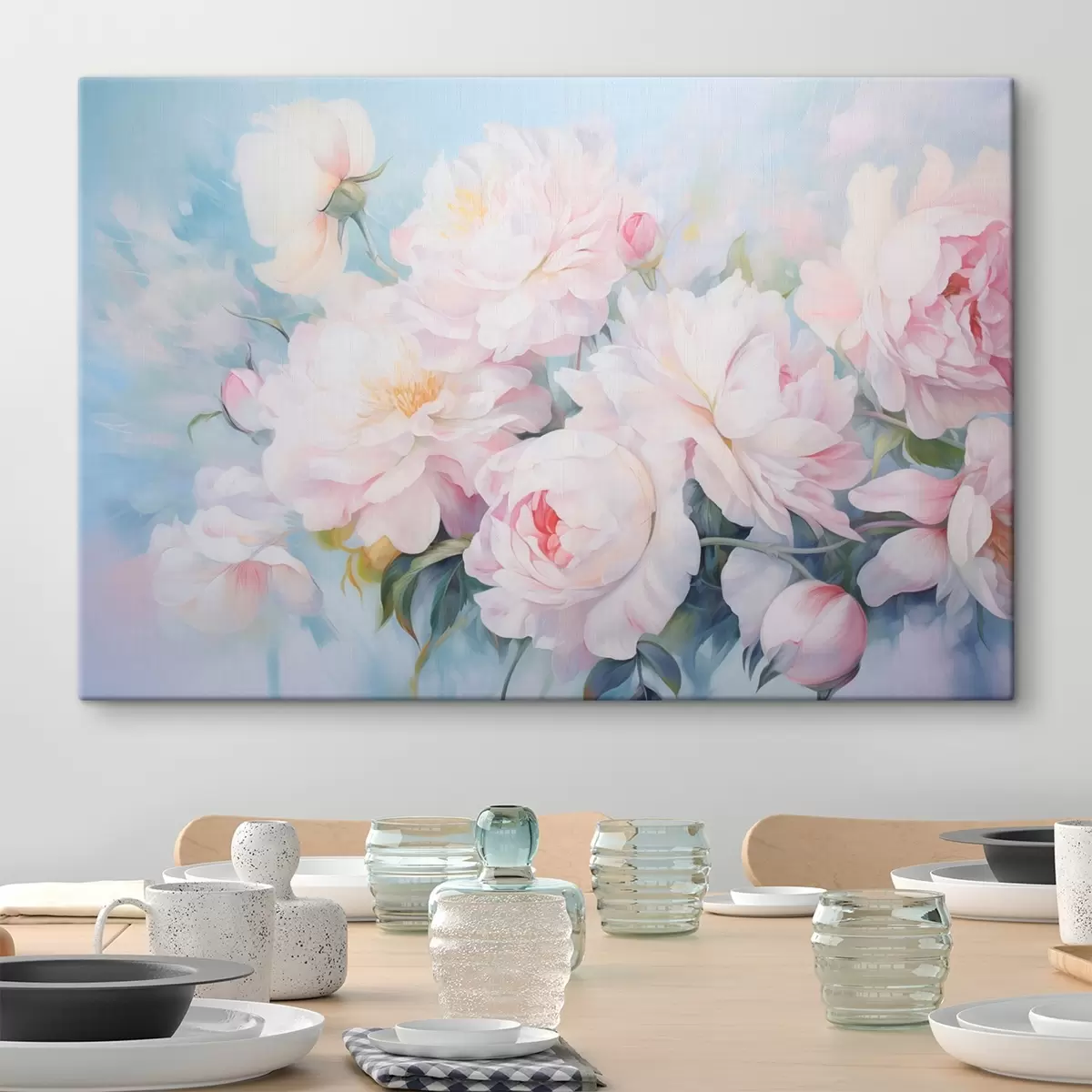 Wandbilder Zarte rosa Pfingstrosen auf himmelblauem Hintergrund s45813