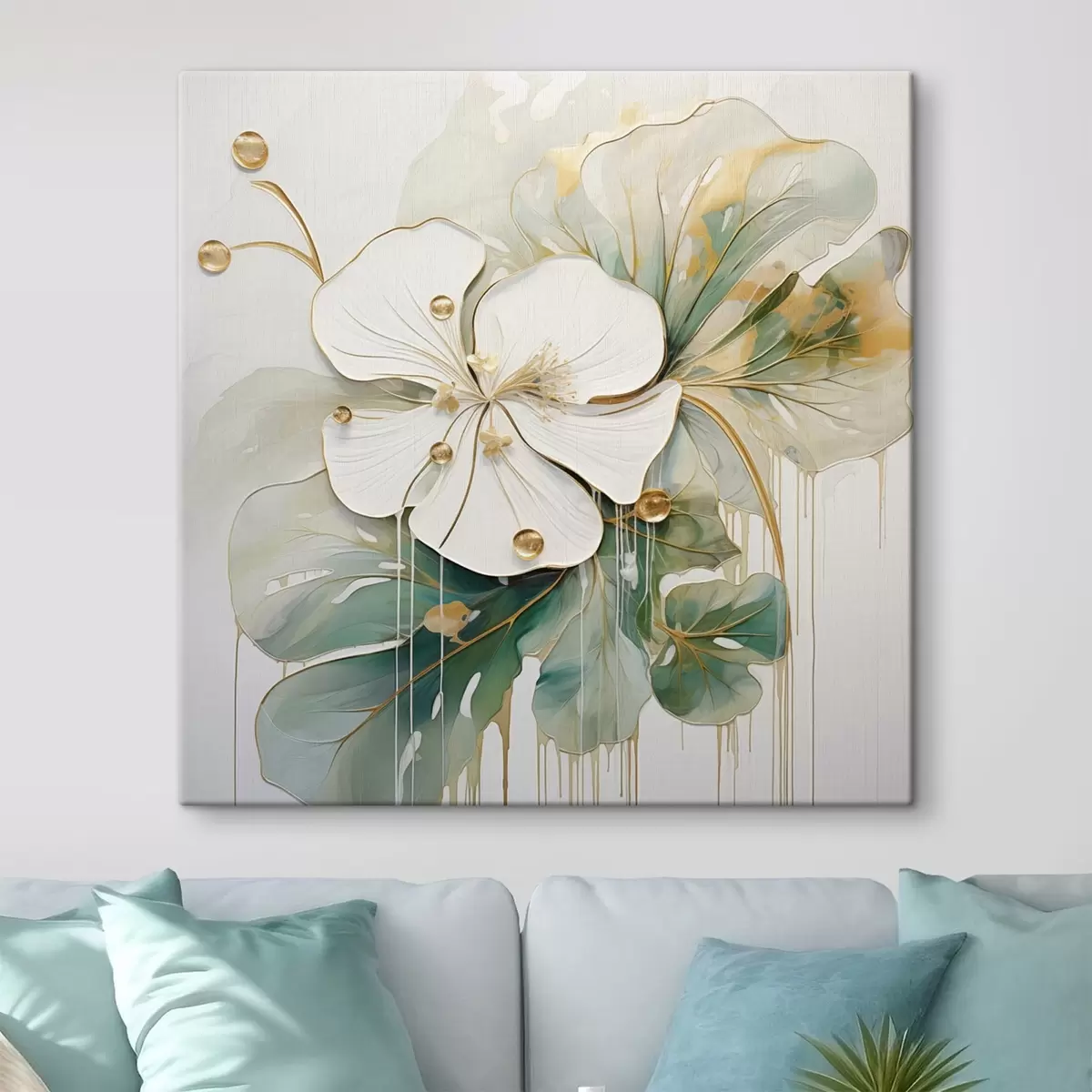 Wandbilder Eine weiße Blume mit gelb-orangefarbenen Details und grünen Blättern s45815