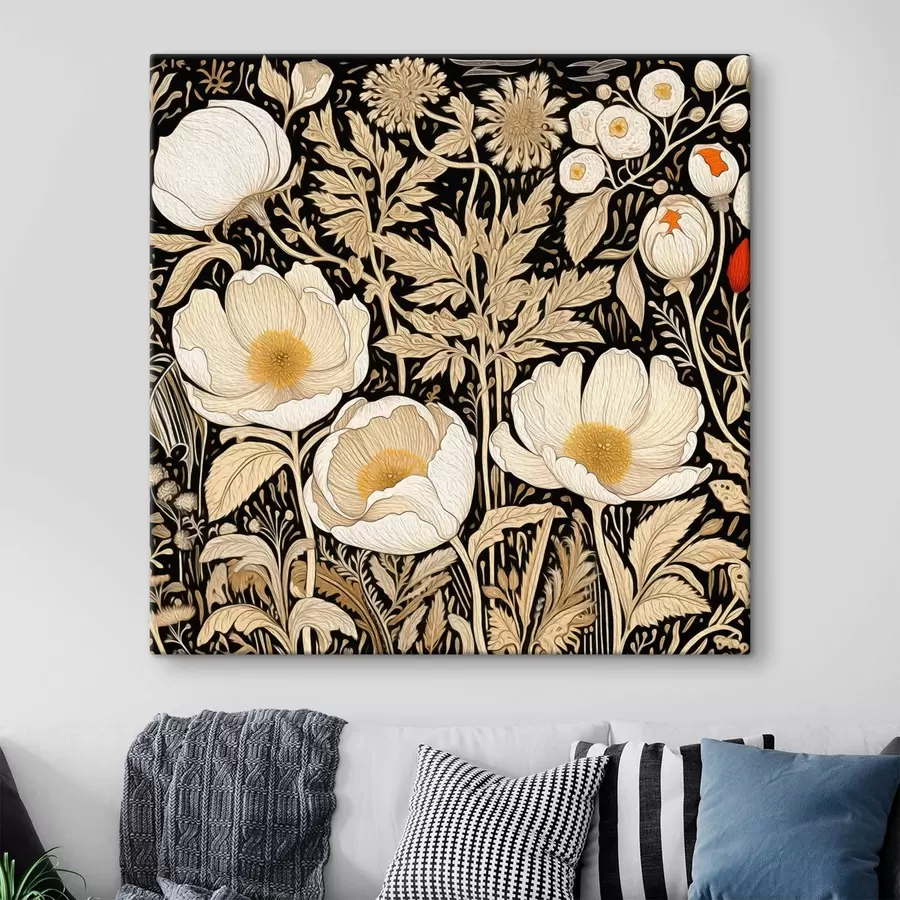 Wandbilder Cremefarbene Blumen und Gräser auf schwarzem Hintergrund s45816