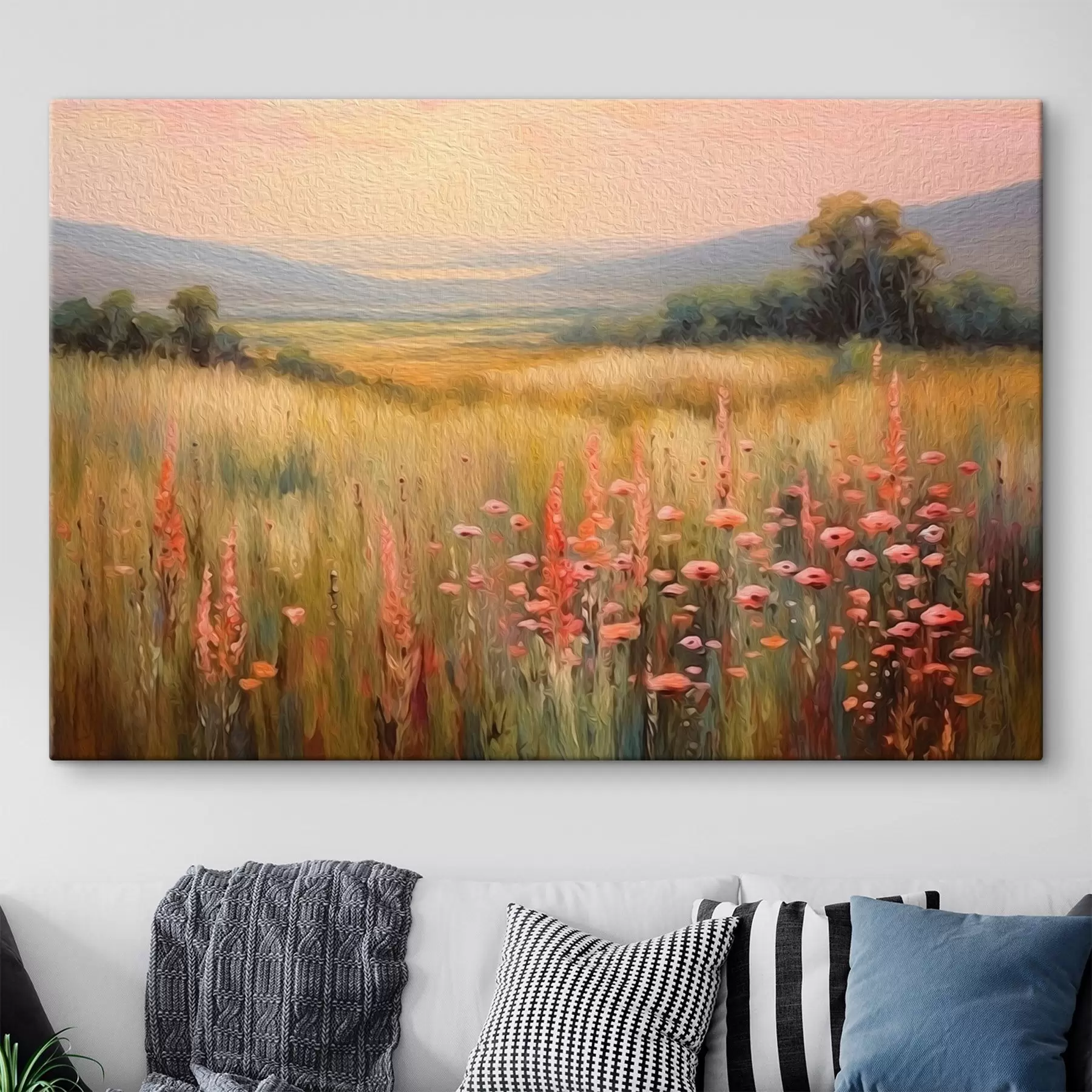 Wandbilder Feldlandschaft mit Blumen bei Sonnenuntergang s45818