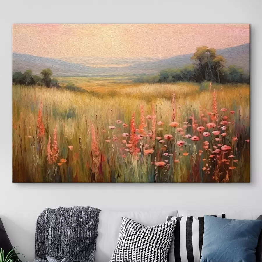 Wandbilder Feldlandschaft mit Blumen bei Sonnenuntergang s45818