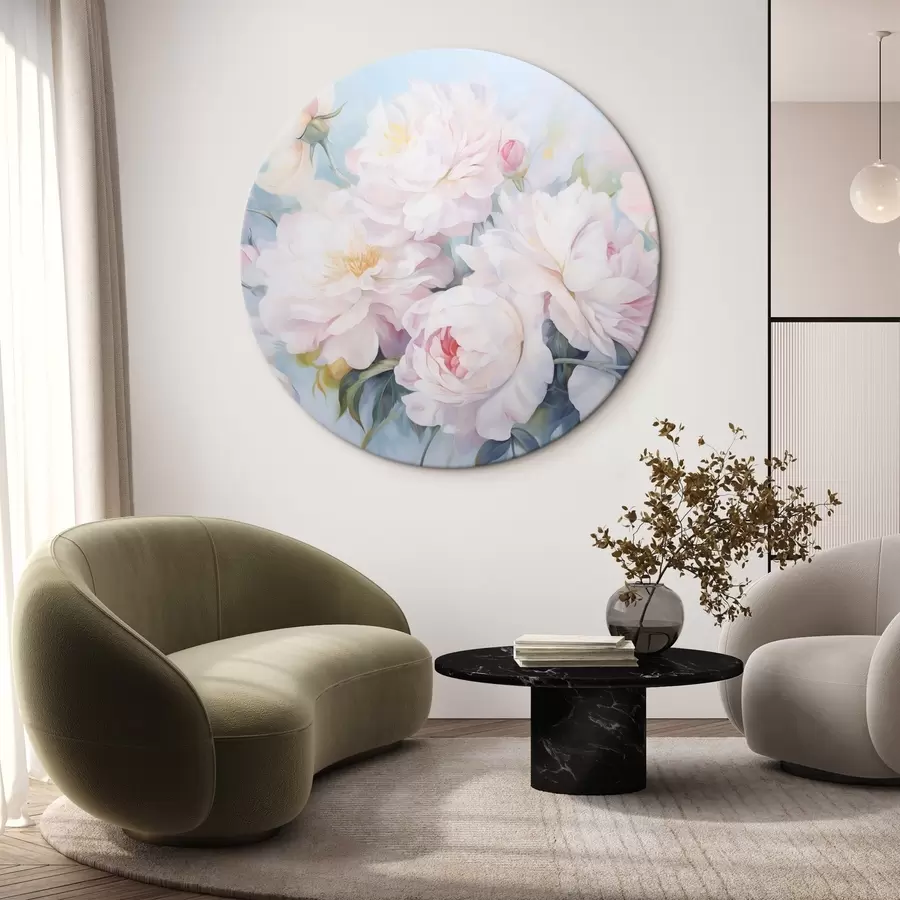 Wandbilder Zarte rosa Pfingstrosen auf himmelblauem Hintergrund r45813