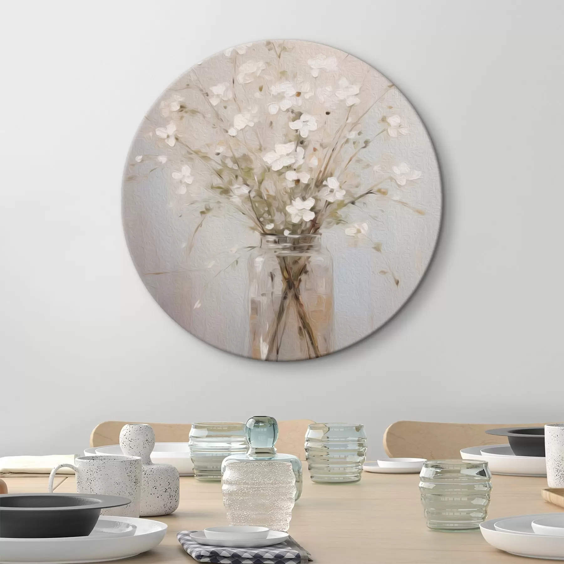 Wandbilder Ein Strauß weißer Blumen in einer transparenten Glasvase r45814