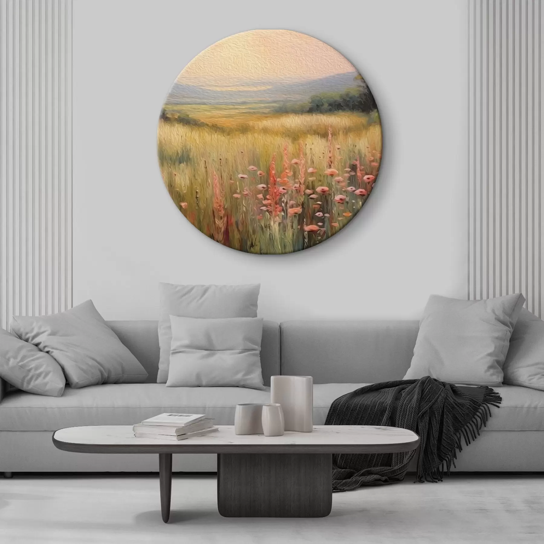 Wandbilder Feldlandschaft mit Blumen bei Sonnenuntergang r45818