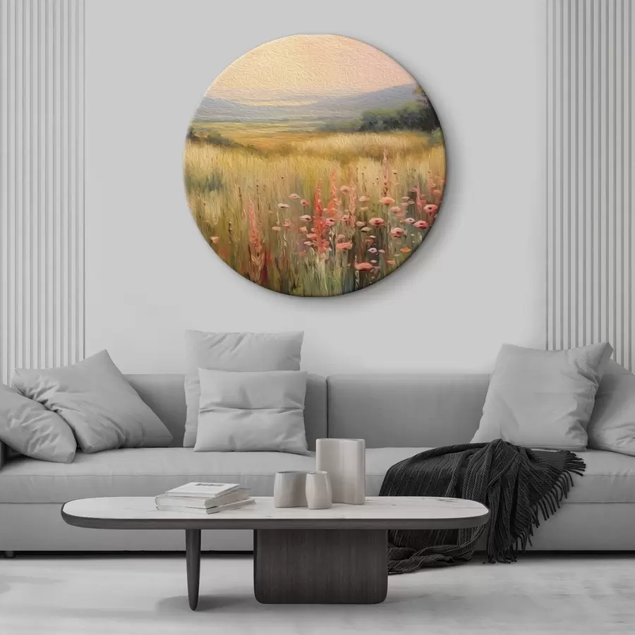 Wandbilder Feldlandschaft mit Blumen bei Sonnenuntergang r45818