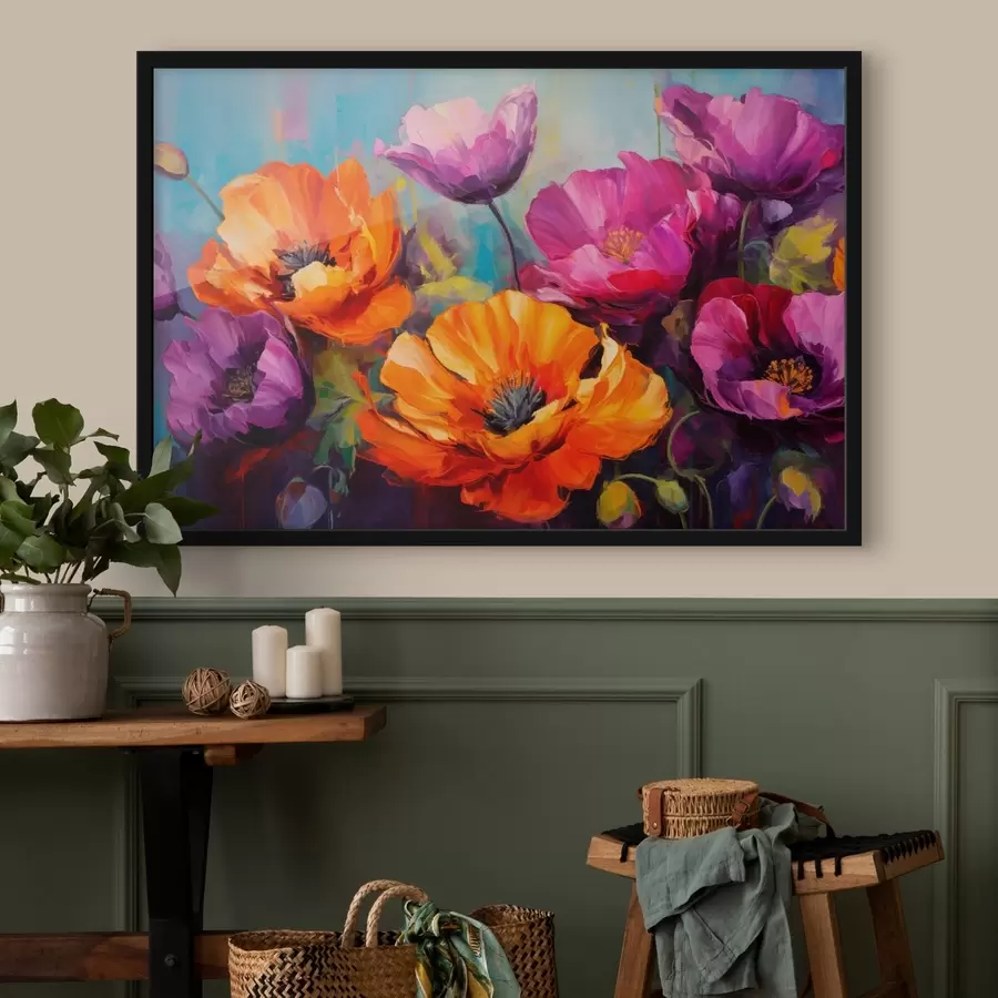 Fototapete Leuchtende Mohnblumen in Violett- und Orangetönen f45804