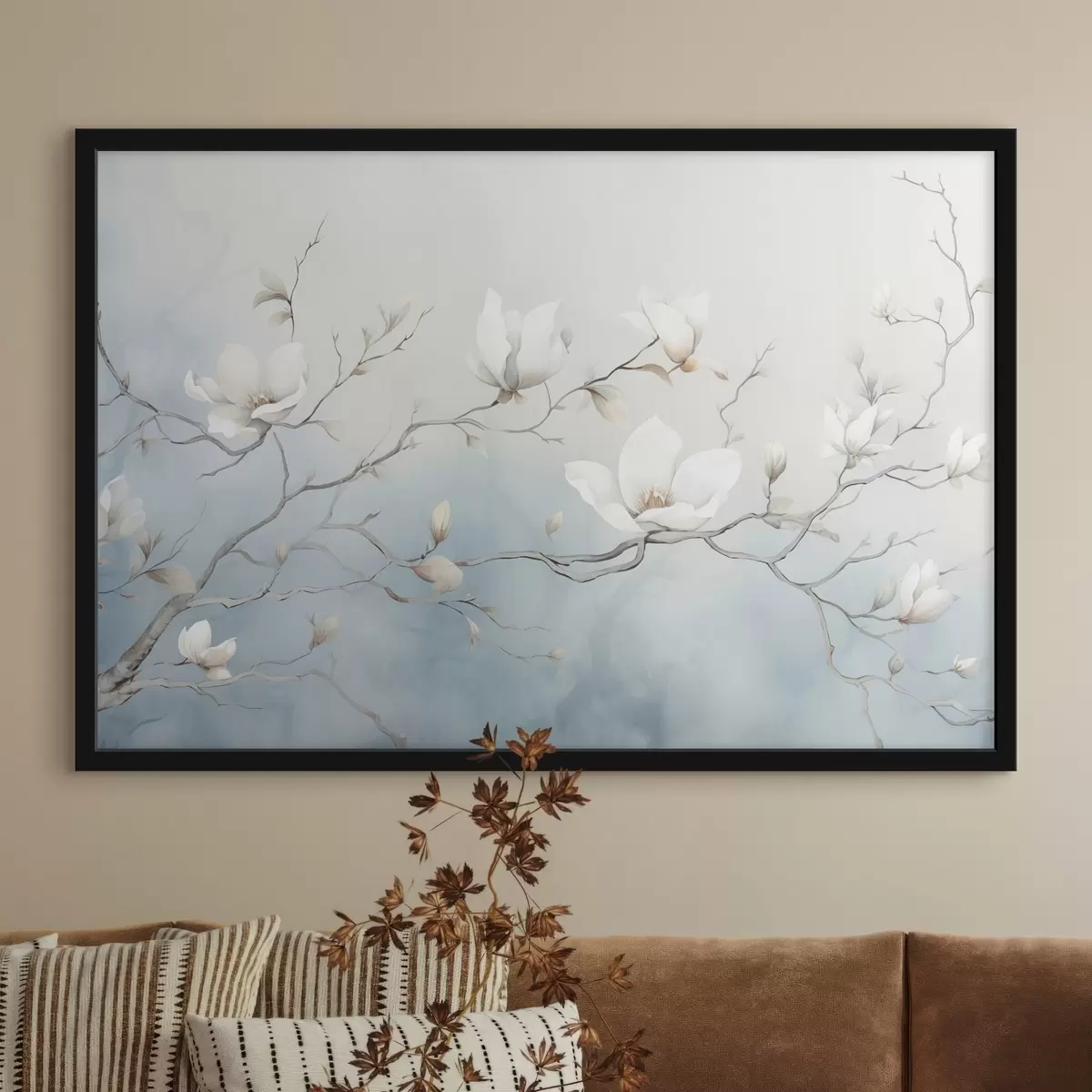 Poster Magnolienzweige mit weißen Blüten vor einem zarten Hintergrund f45806