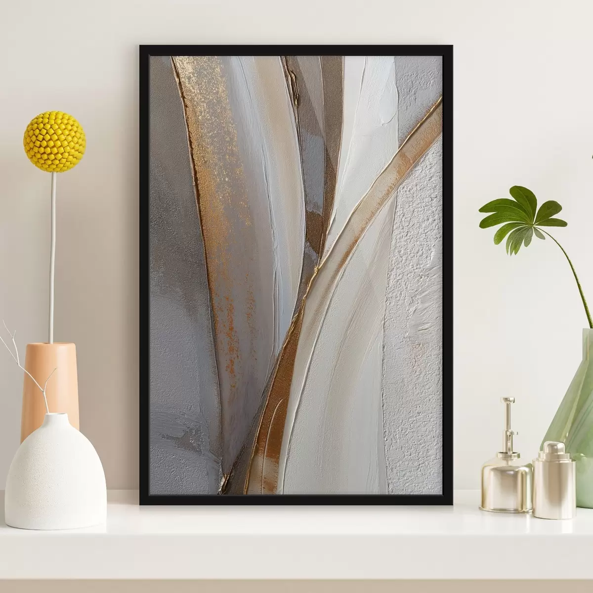 Poster Strukturierte abstrakte Linien mit gelben und orangefarbenen Glitzerpartikeln f45810